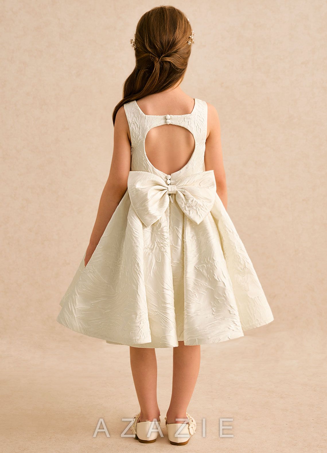 Azazie Honeybun Antique White A-Line Bow Floral Jacquard Dress