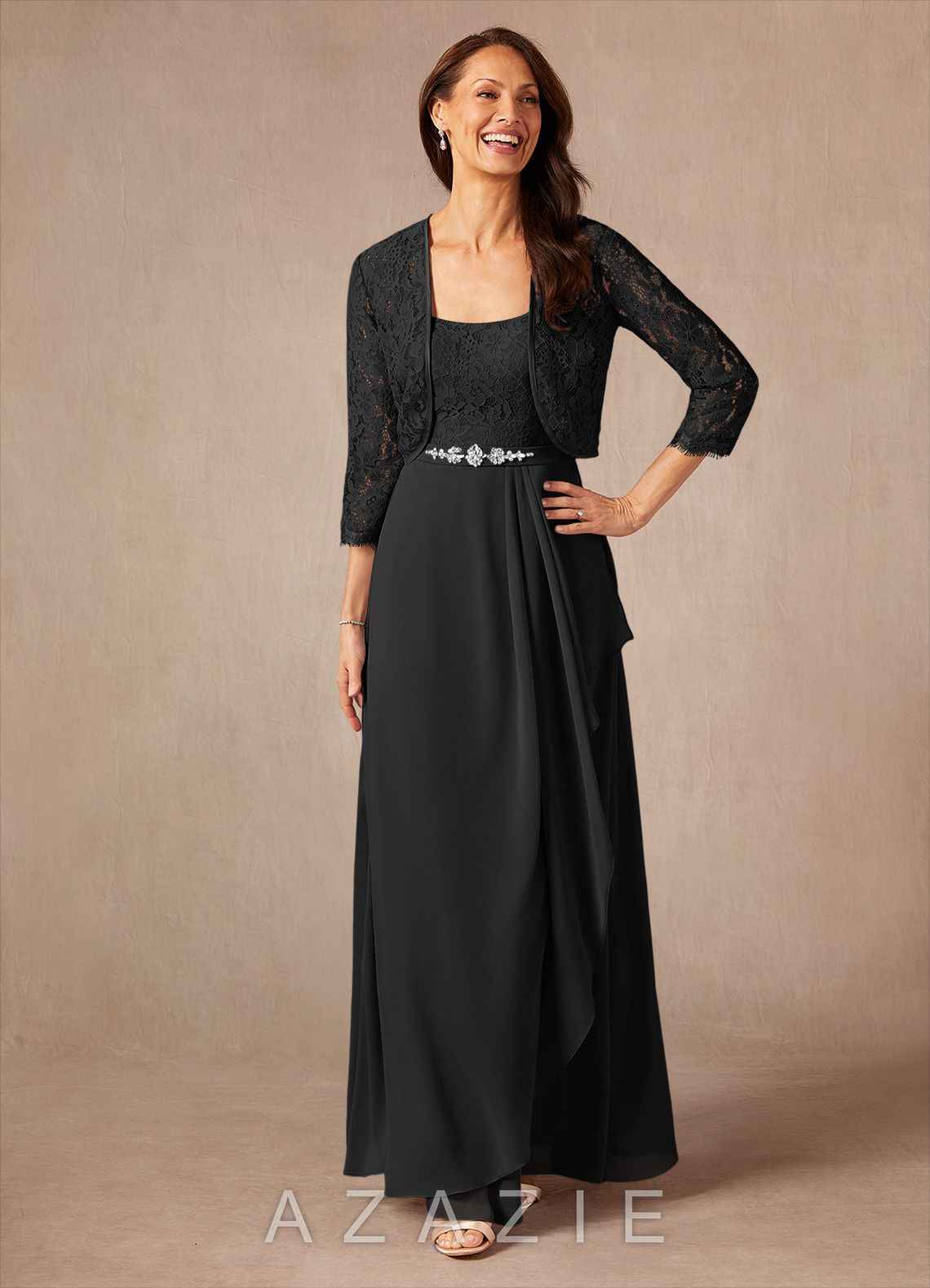Azazie Ainsling Black A-Line Square Neckline Lace Chiffon Dress