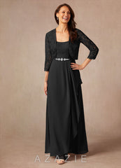Azazie Ainsling Black A-Line Square Neckline Lace Chiffon Dress