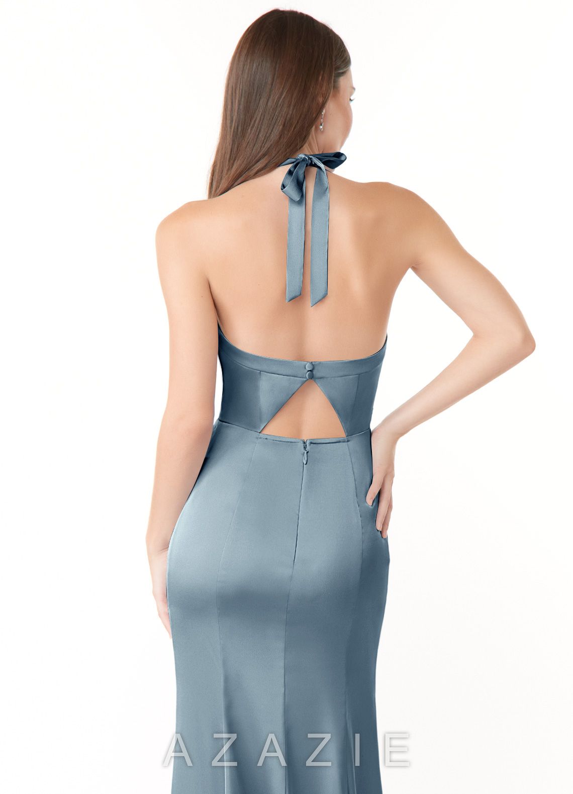 Azazie Emeria Dusty Blue Mermaid Pleated Stretch Satin Dress dusty_blue