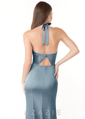 Azazie Emeria Dusty Blue Mermaid Pleated Stretch Satin Dress dusty_blue