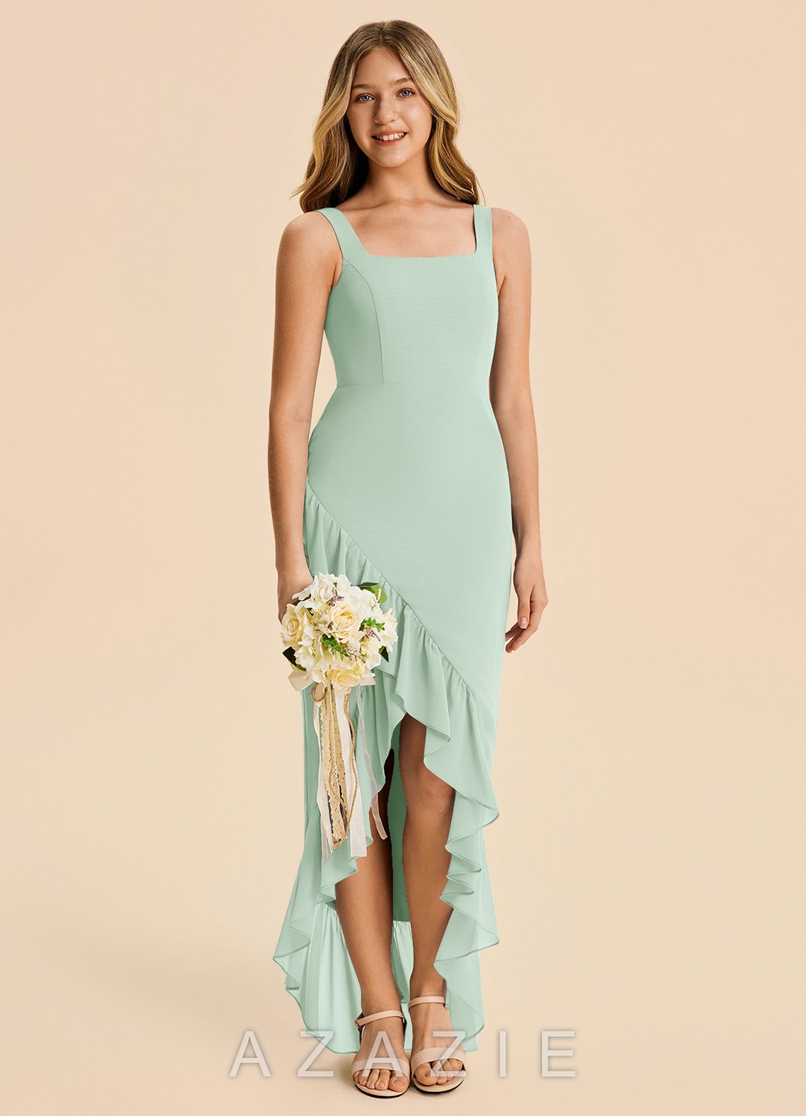 Azazie Reesie Junior Agave Sheath Ruched Chiffon Dress agave
