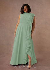 Azazie Narine Agave A-Line High Neckline Pleated Chiffon Dress agave