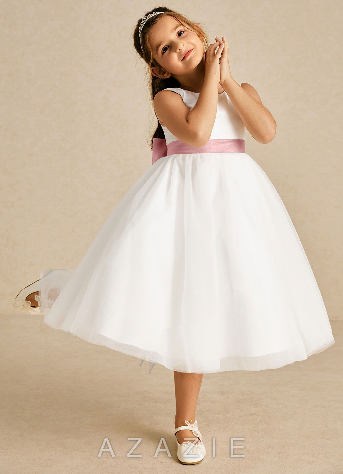 Azazie Kavi Ivory Dusty Rose A-Line Bow Matte Satin Dress ivory/dusty_rose