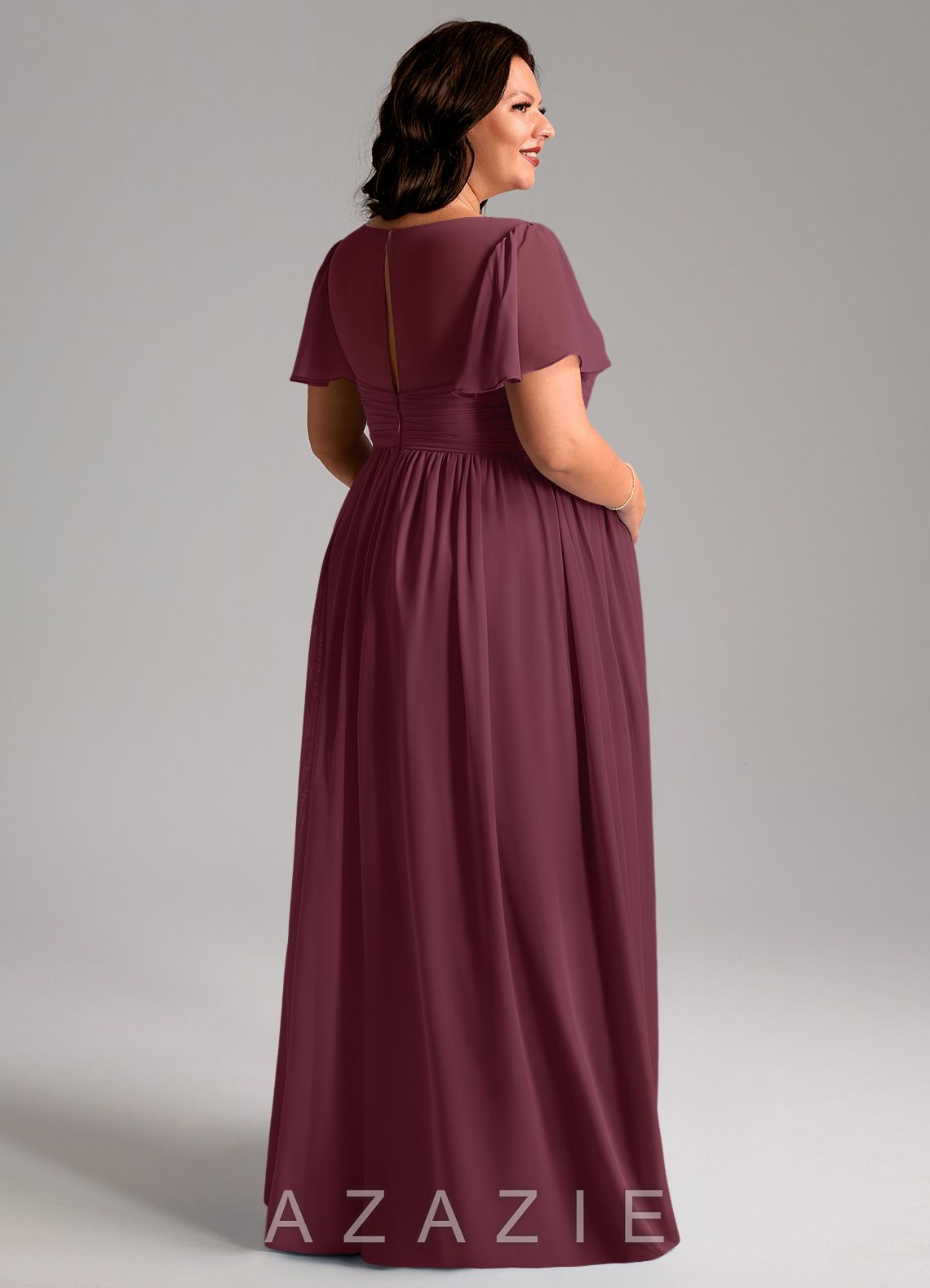 Azazie Verna A-Line V-Neck Ruched Chiffon Floor-Length Dress