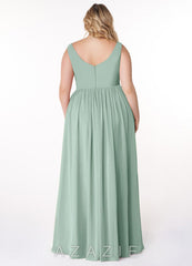 Azazie Keyla Agave A-Line V-Neck Pleated Chiffon Dress agave