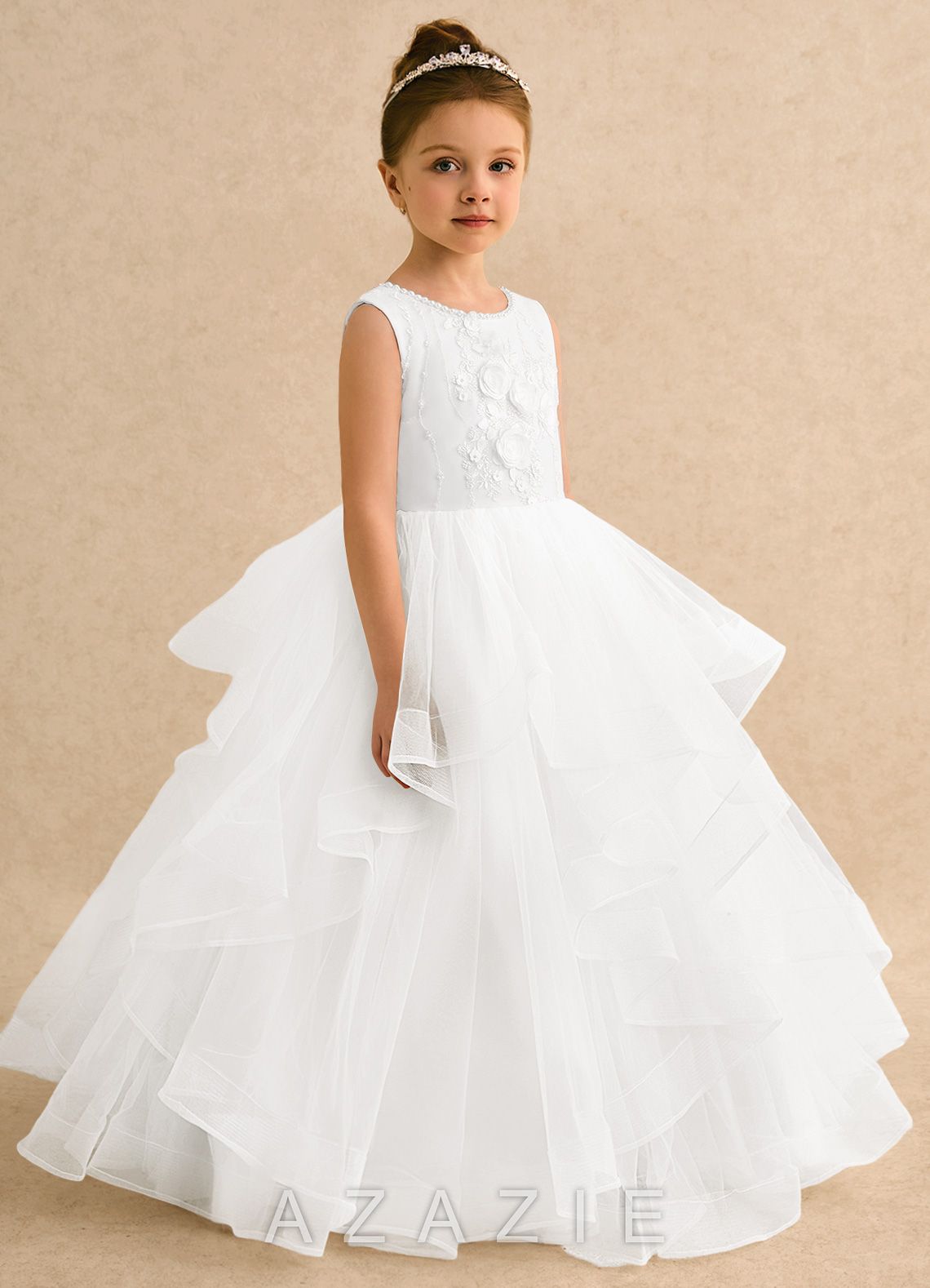Azazie Claire Ivory Ball-Gown Beaded Tulle Dress ivory