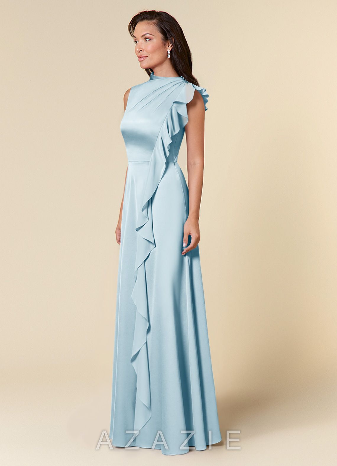 Azazie Narine Sky Blue A-Line High Neckline Pleated Stretch Satin Dress sky_blue