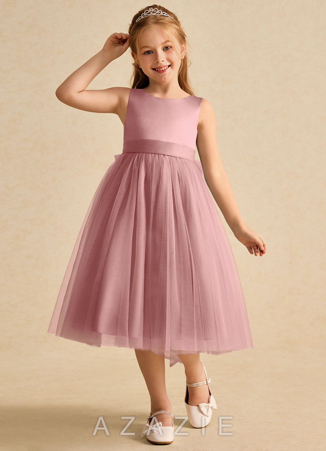 Azazie Winnie Dusty Rose Ball-Gown Bow Tulle Dress dusty_rose