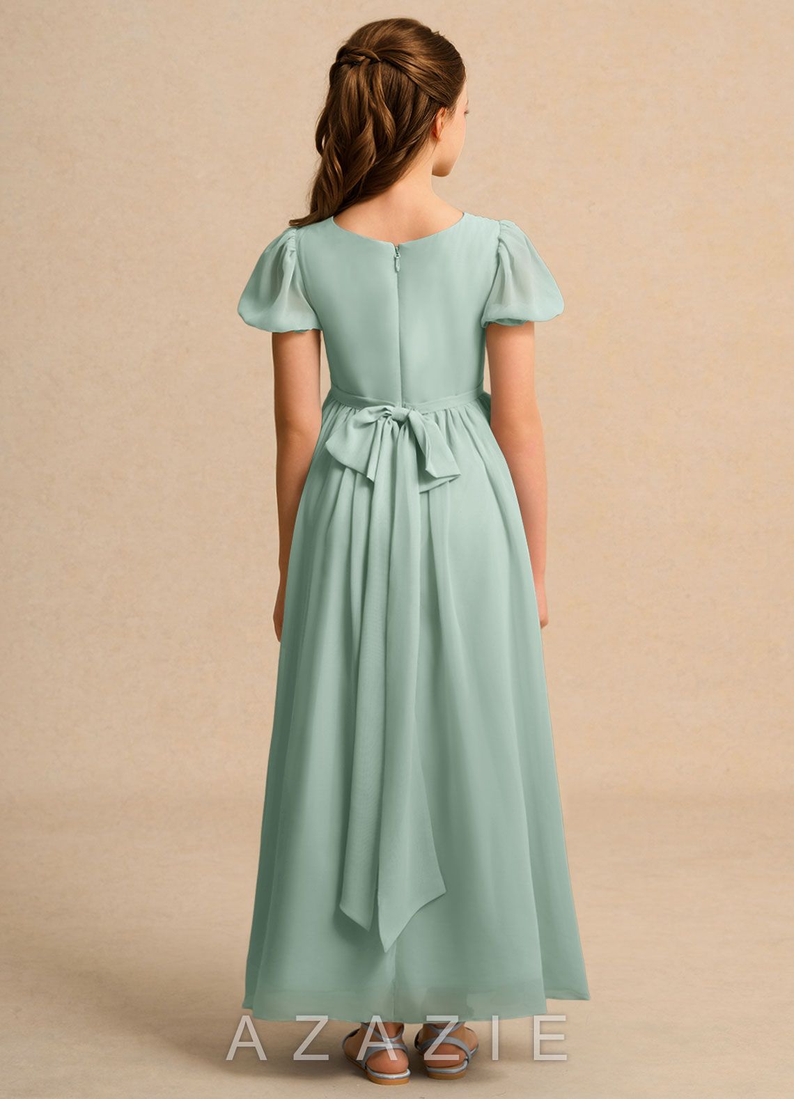 Azazie Lilia Girls Formal Agave A-Line with Sleeves Chiffon Dress agave