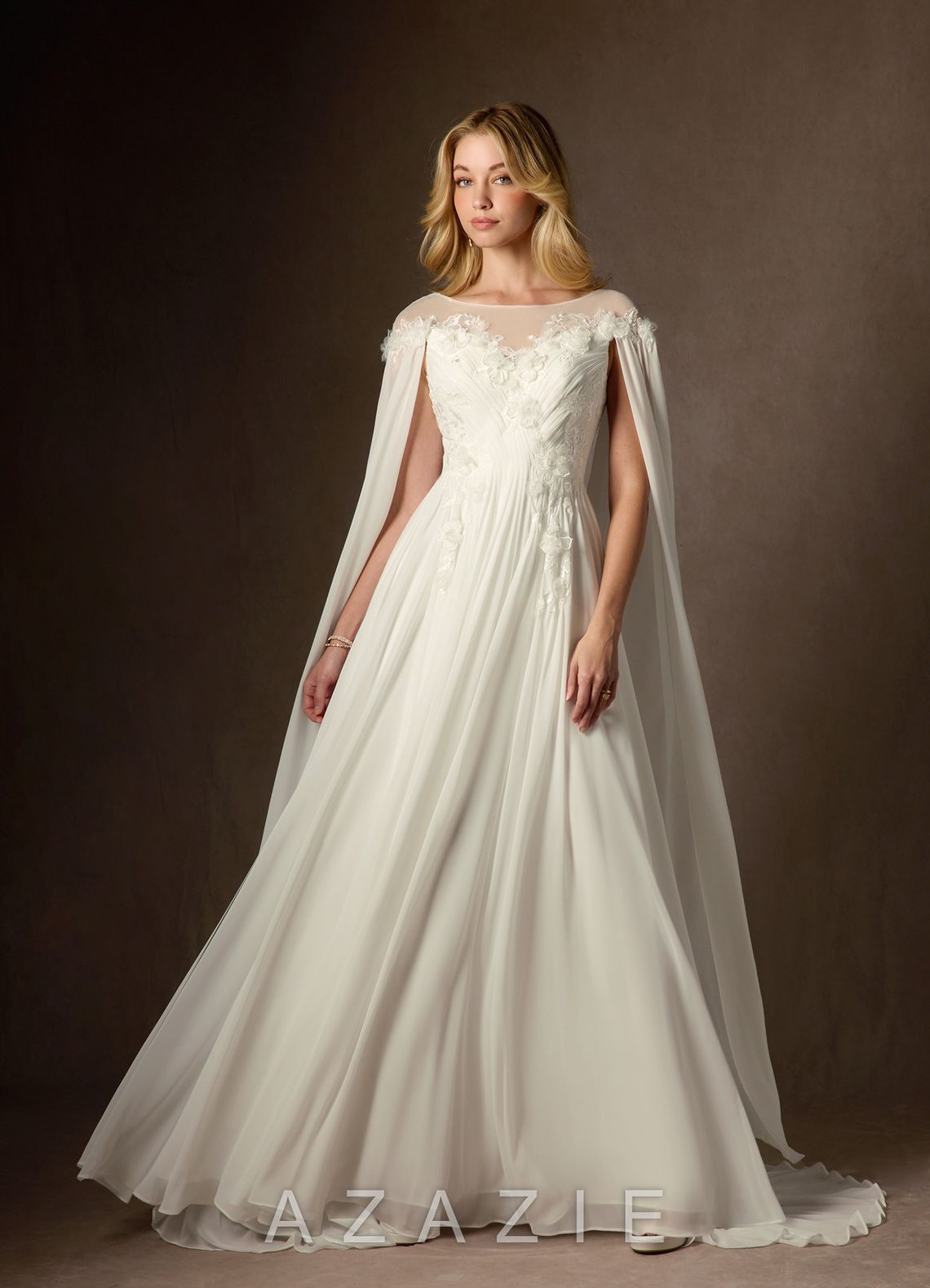 Azazie Linnea Wedding Dress Cream A-Line Scoop Chiffon Dress