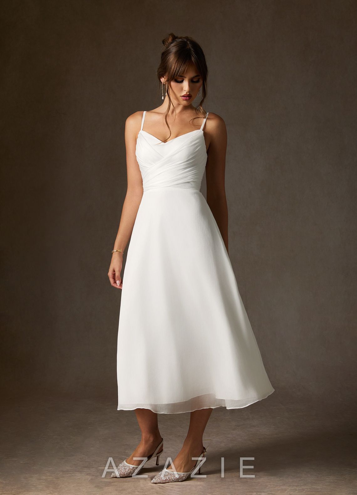 Azazie Kali Wedding Dress Diamond White A-Line V-Neck Pleated Crinkle Chiffon Dr