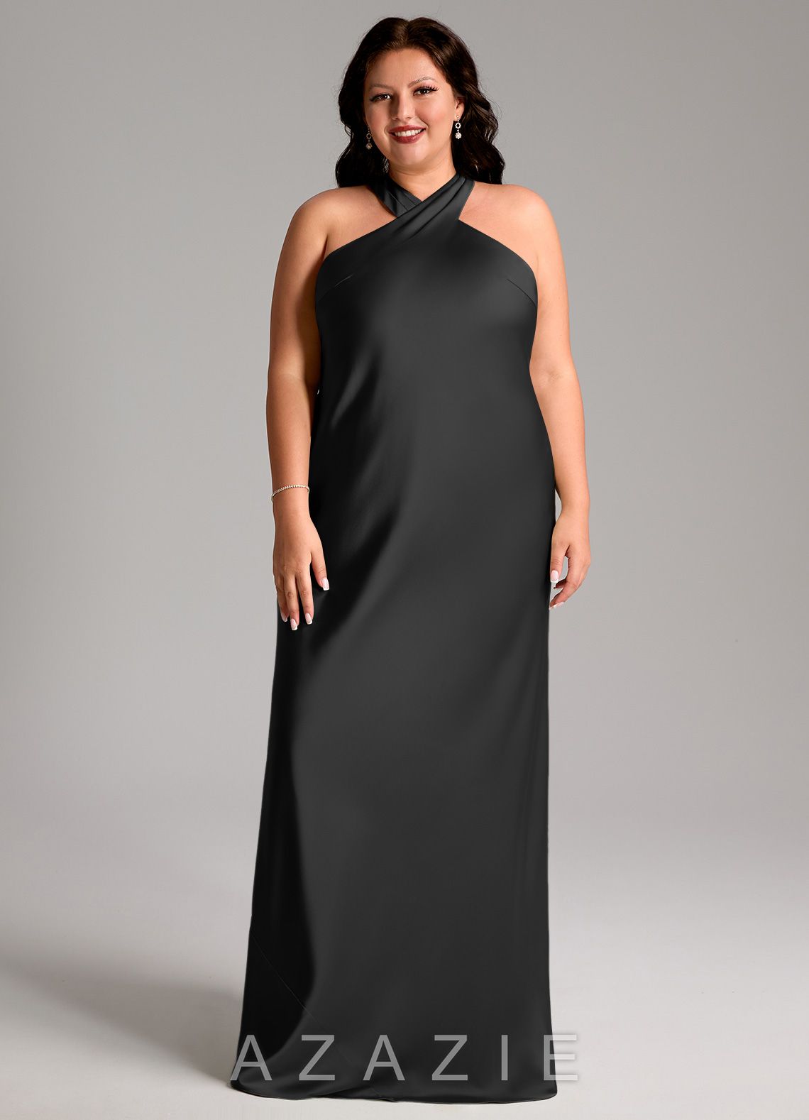 Azazie Doretta Black Mermaid Pleated Stretch Satin Dress black