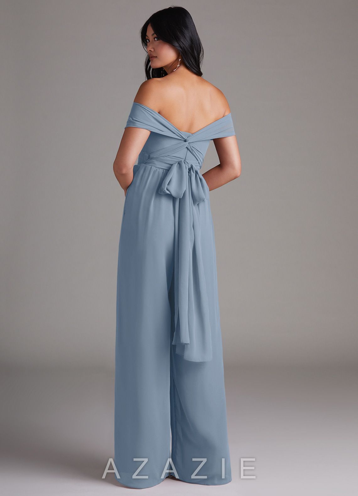 Azazie Lamara Dusty Blue Off the Shoulder Chiffon Convertible Jumpsuit dusty_blue