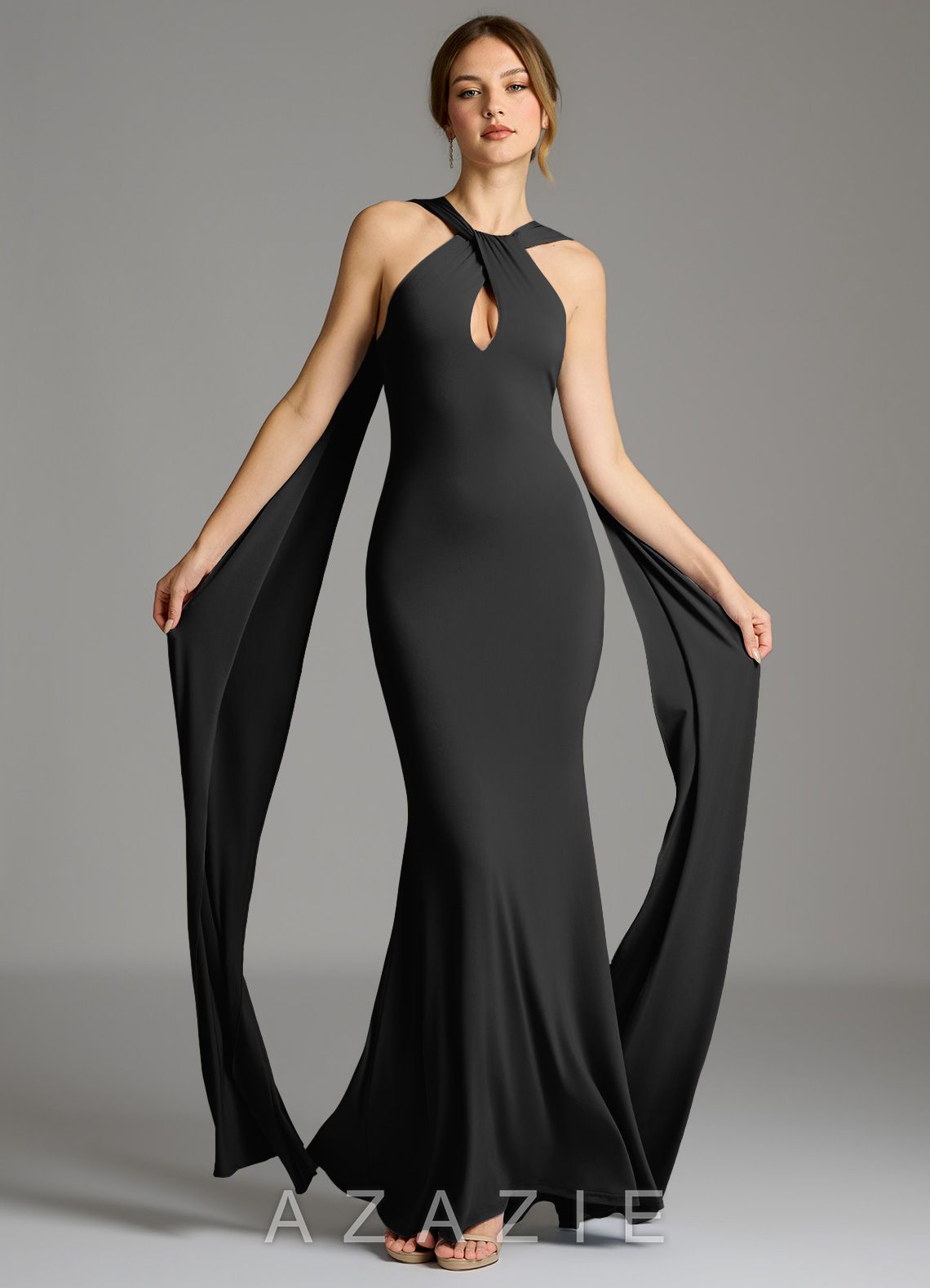 Azazie Sable Black Mermaid Pleated Premium Stretch Jersey Dress