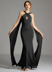 Azazie Sable Black Mermaid Pleated Premium Stretch Jersey Dress