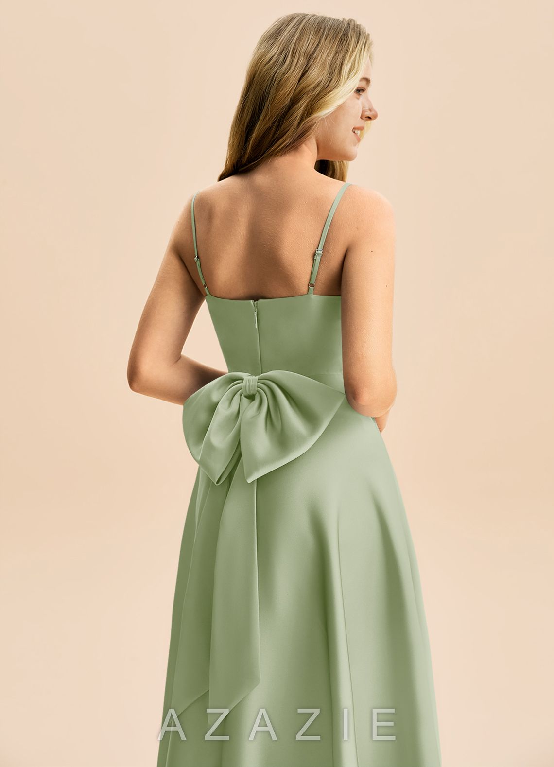 Azazie Rumi Junior Dusty Sage A-Line Pleated Stretch Satin Dress dusty_sage