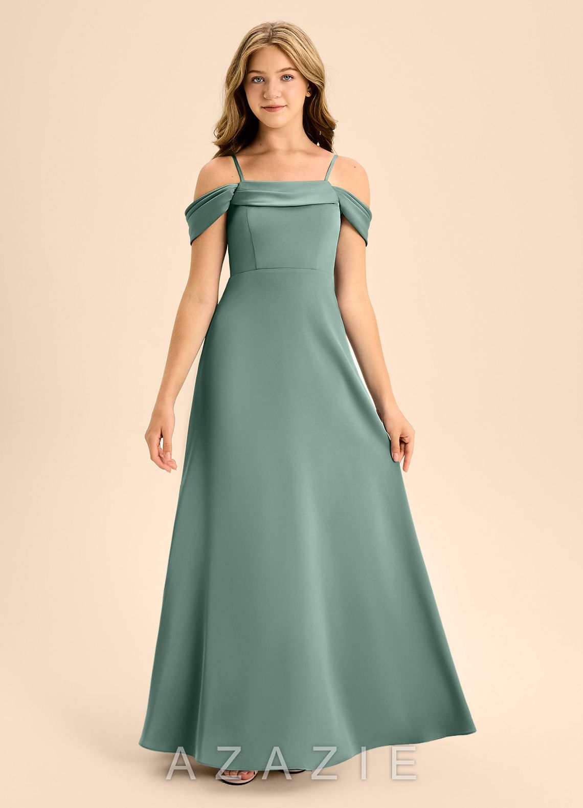 Azazie Anselie Junior Eucalyptus A-Line Off the Shoulder Stretch Satin Dress eucalyptus