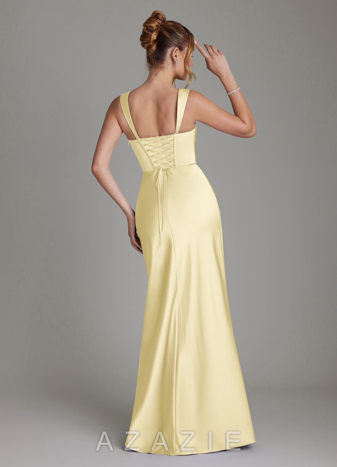 Azazie Agustina Lemon Sorbet Mermaid Corset Stretch Satin Dress