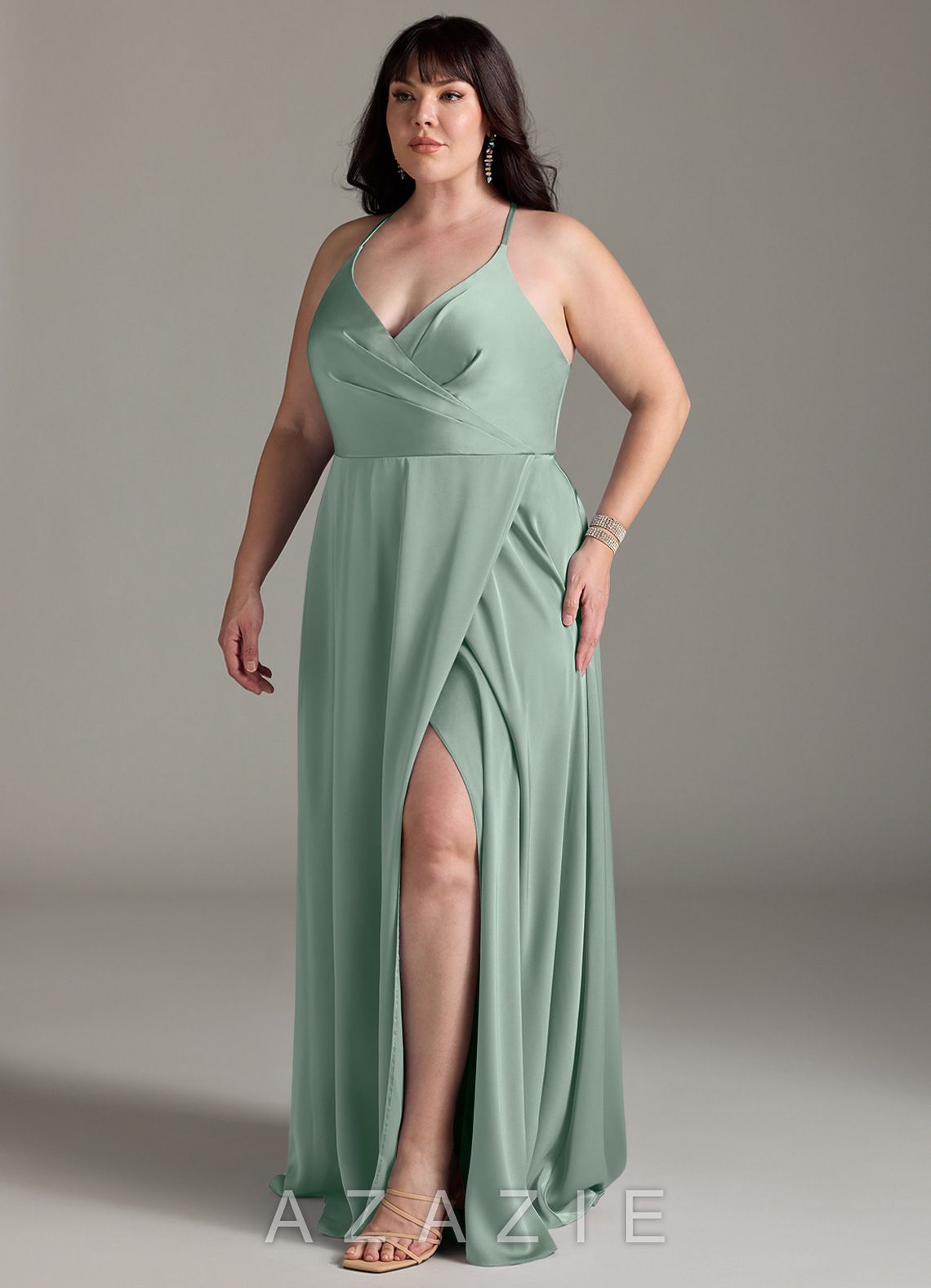 Azazie Davis Agave A-Line Pleated Stretch Satin Dress agave
