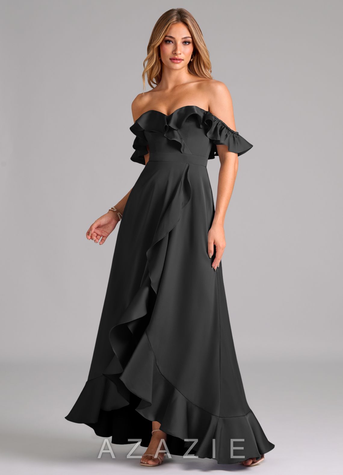 Azazie Lyra Black A-Line Off the Shoulder Stretch Satin Convertible Dress