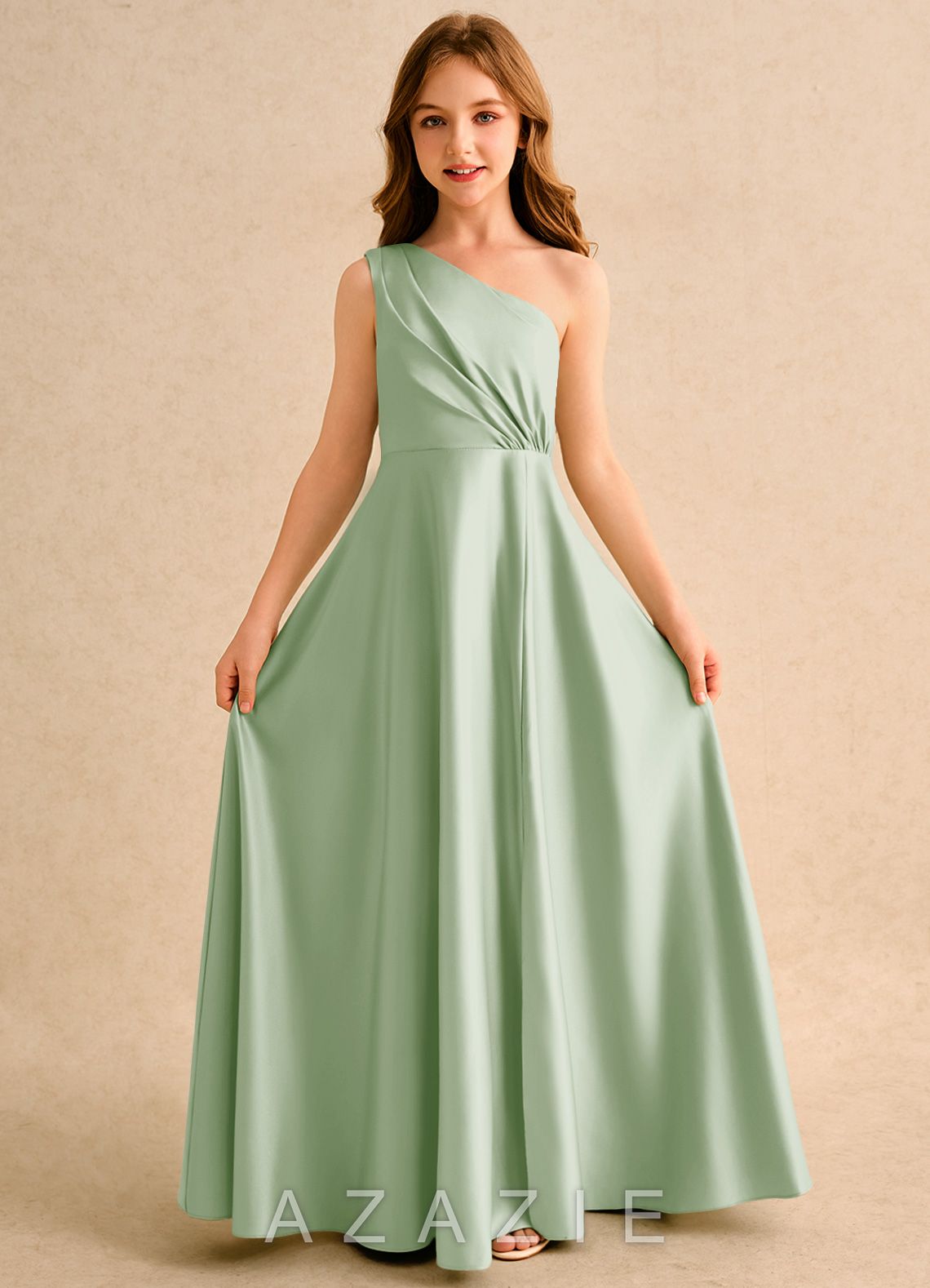 Azazie Puddles Girls Formal Dusty Sage A-Line One Shoulder Matte Satin Dress dusty_sage