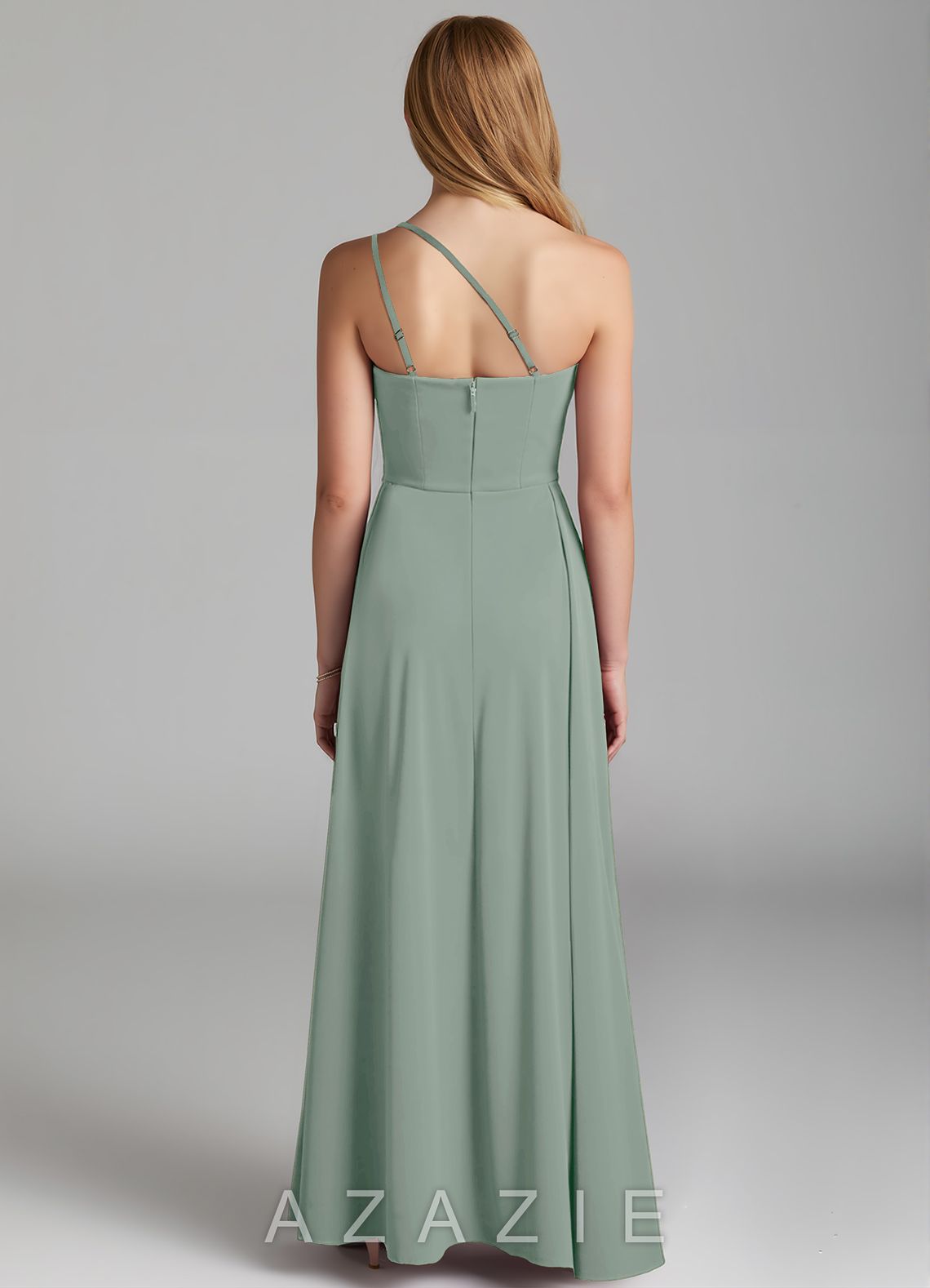 Azazie Maron Junior Agave A-Line Pleated Stretch Satin Dress agave