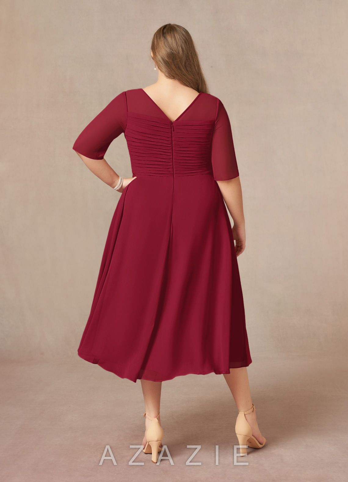 Azazie Naomi Burgundy A-Line Boatneck Pleated Chiffon Dress burgundy