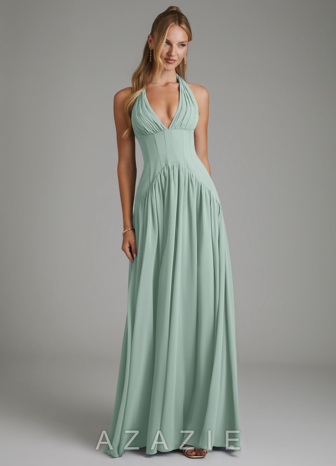 Azazie Alicia Agave A-Line Pleated Chiffon Dress