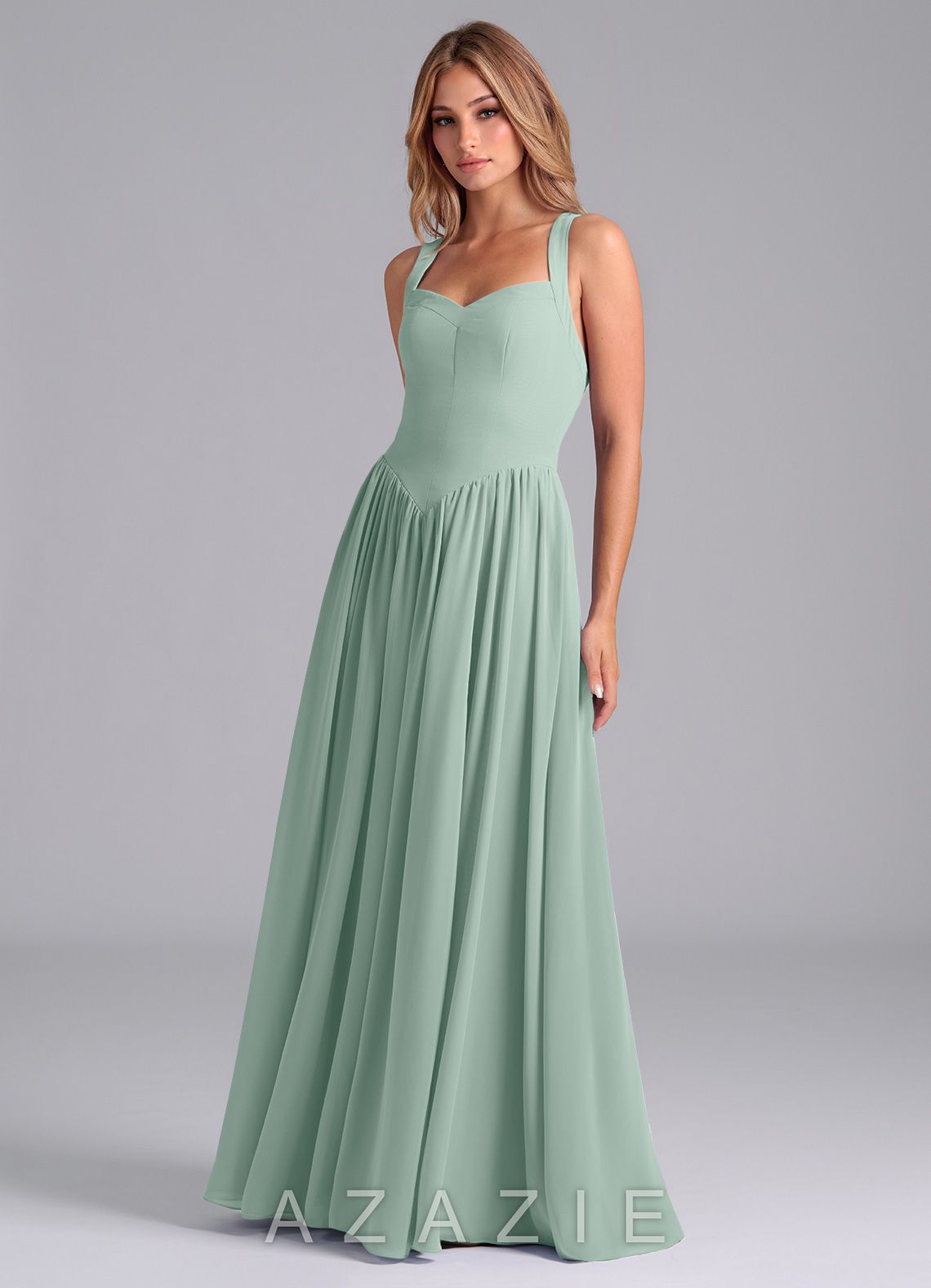 Azazie Francis Agave A-Line Corset Chiffon Dress agave
