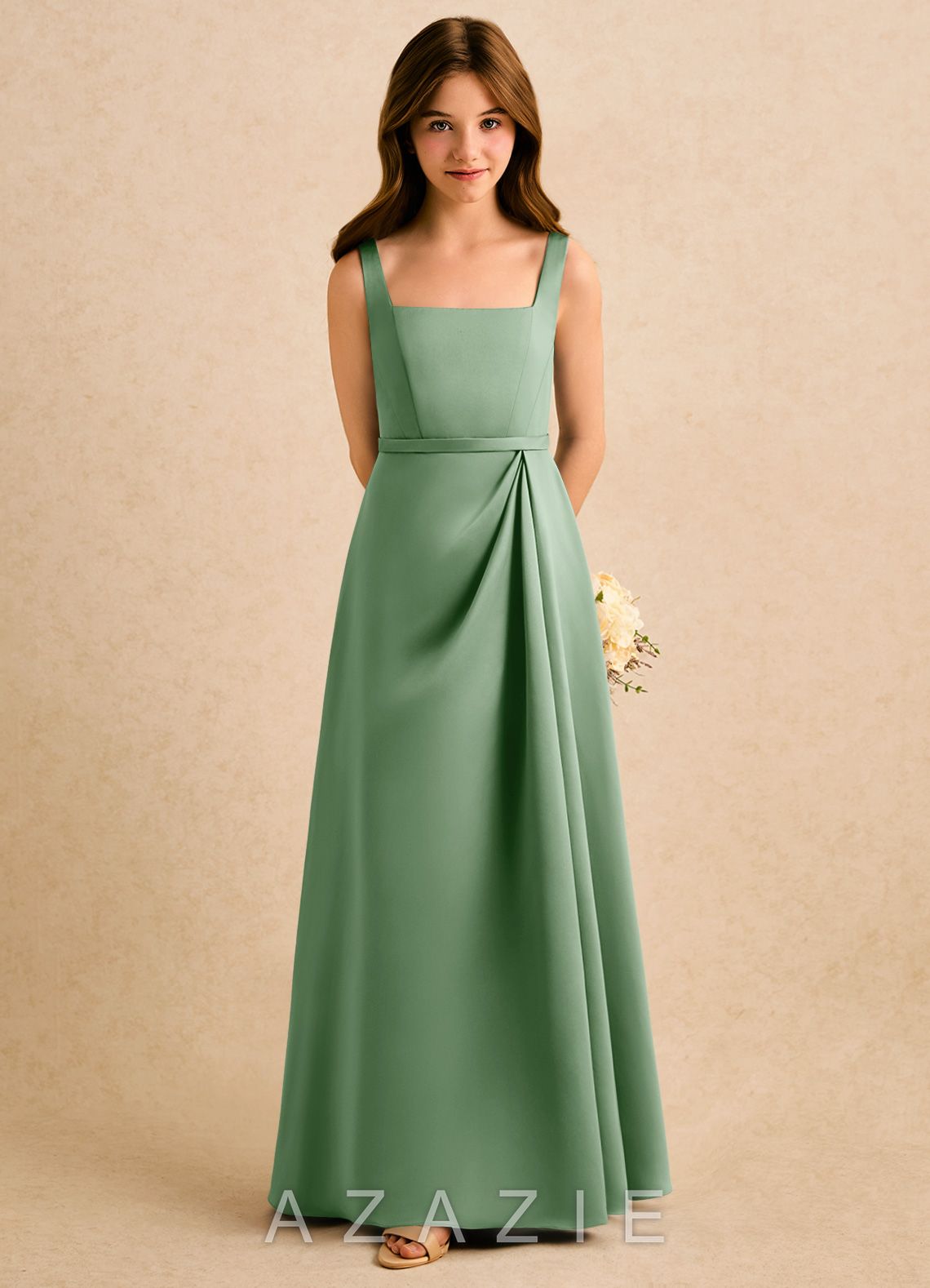 Azazie Emiko Girls Formal Matcha A-Line Pleated Matte Satin Dress matcha