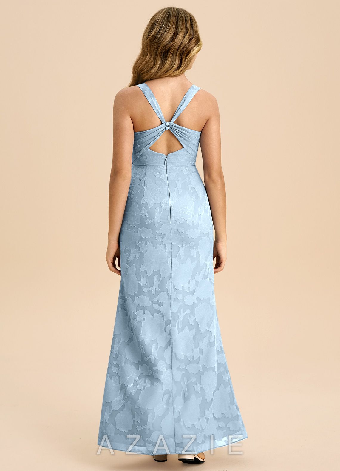 Azazie Mero Junior Sky Blue Sheath Pleated Floral Burnout Dress sky_blue