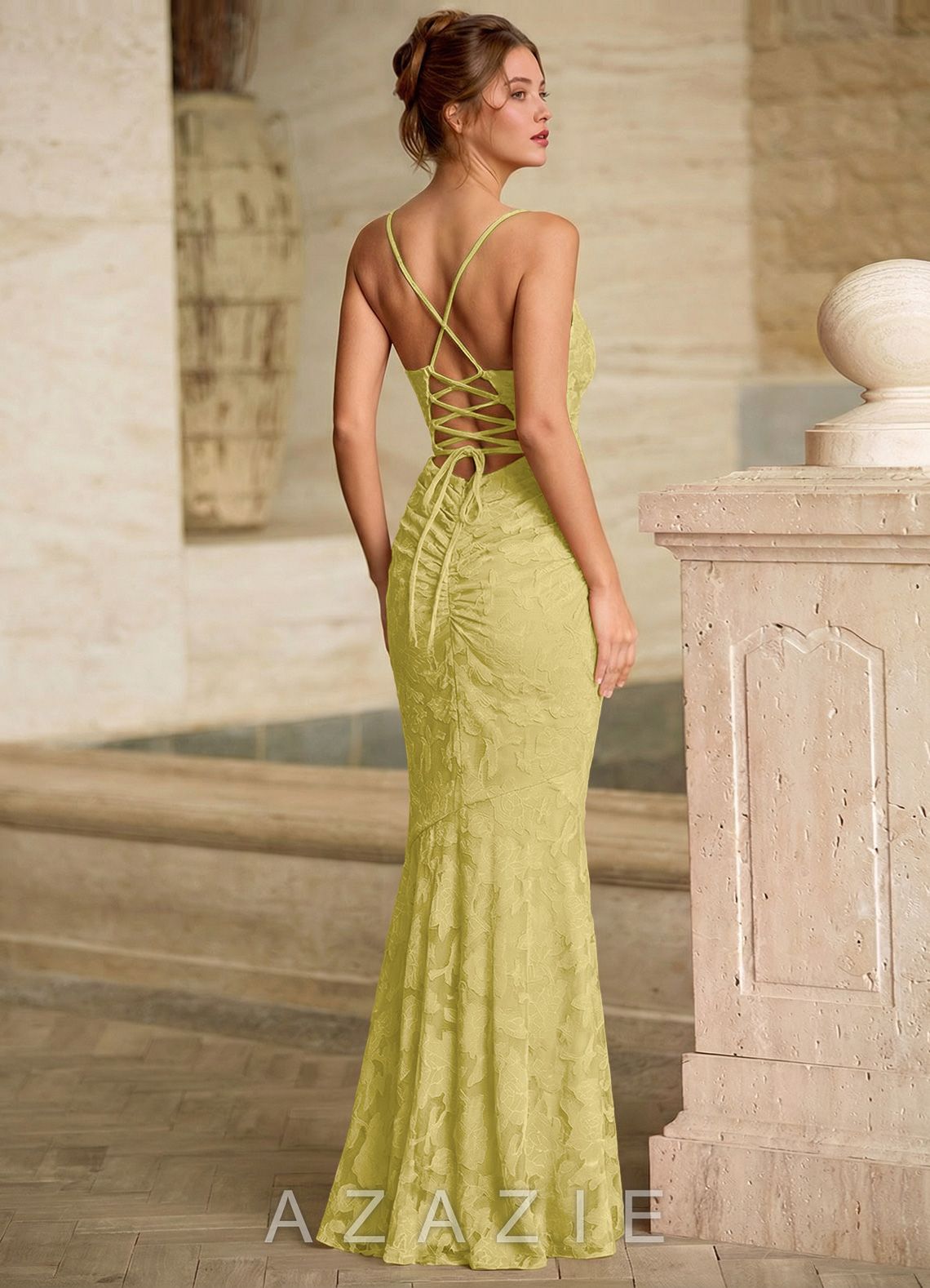 Leahenmo Pastel Yellow Floral Jacquard Prom Dress