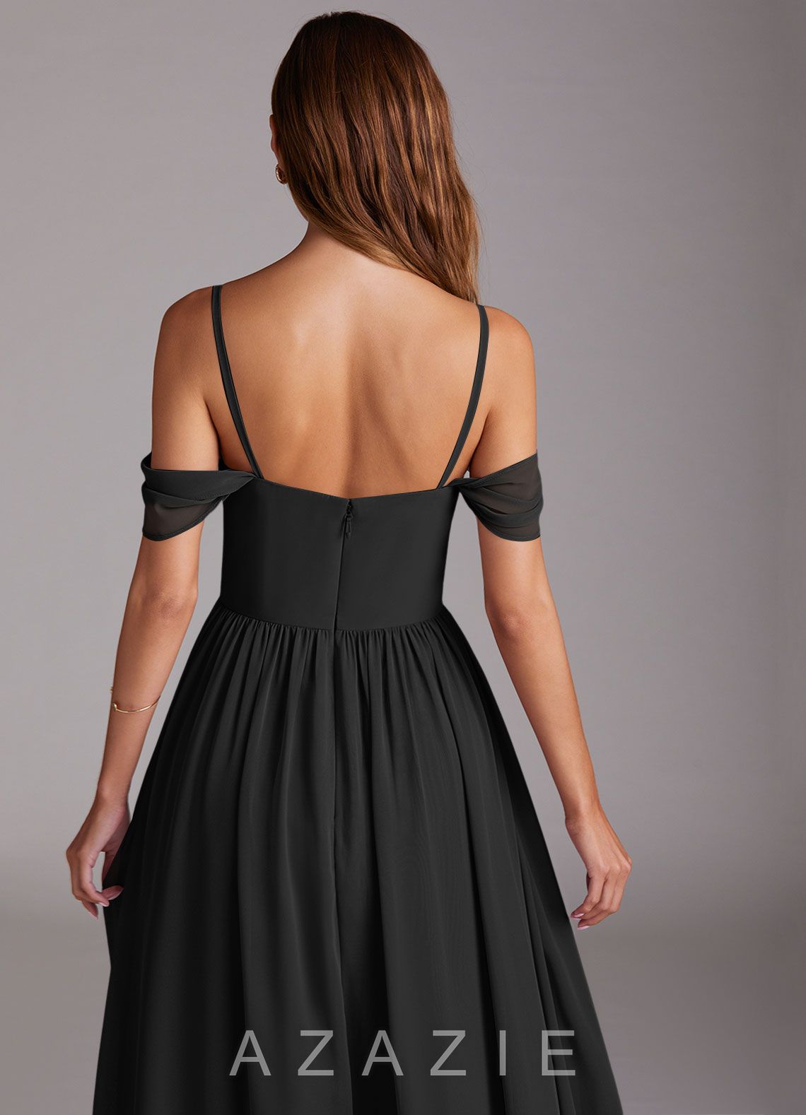 Azazie Calianna Black A-Line Off the Shoulder Chiffon Convertible Dress black