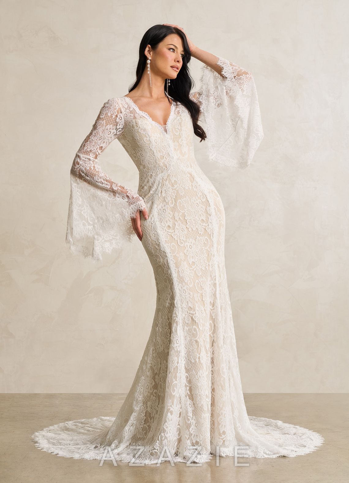 Azazie Hayes Wedding Dress Diamond White Champagne Mermaid V-Neck Lace Dress diamond_white/champagne