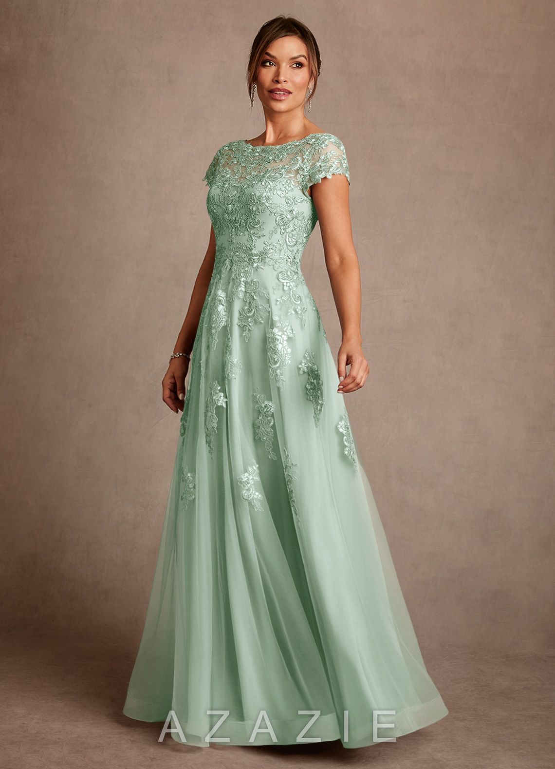 Azazie Jalinda Agave A-Line Lace Chiffon Dress agave