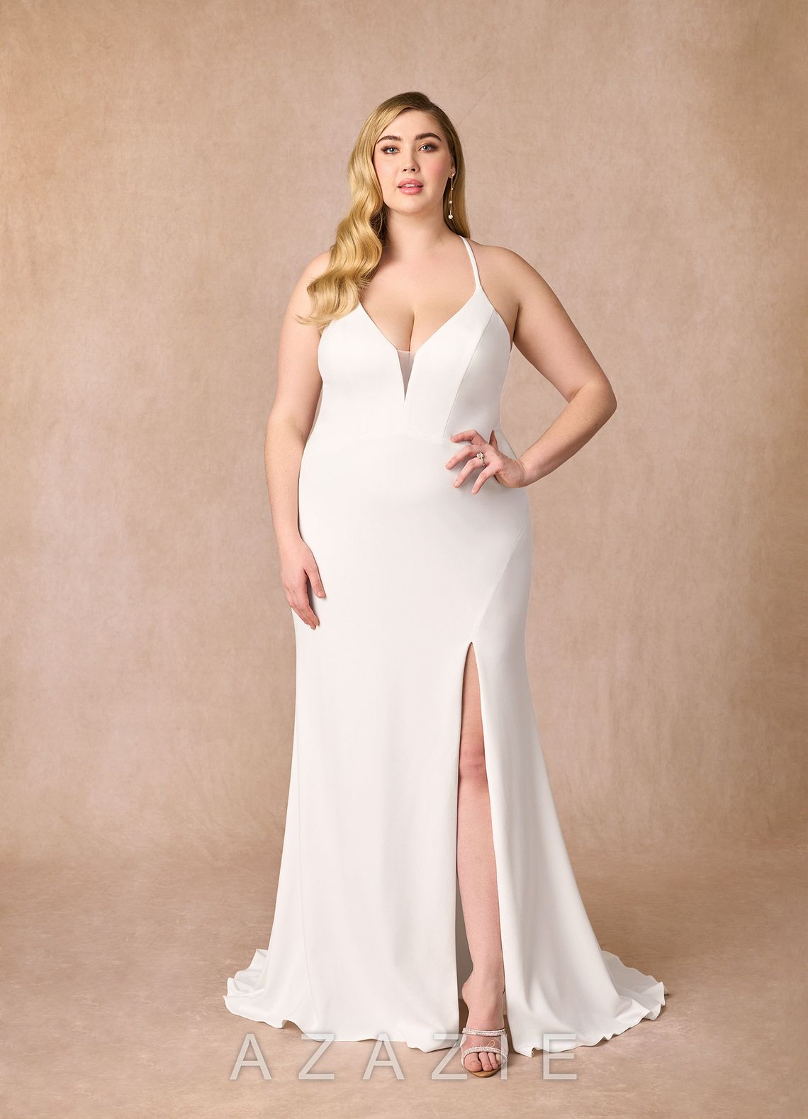 Azazie Iden Diamond White Mermaid V-Neck Stretch Crepe Dress diamond_white