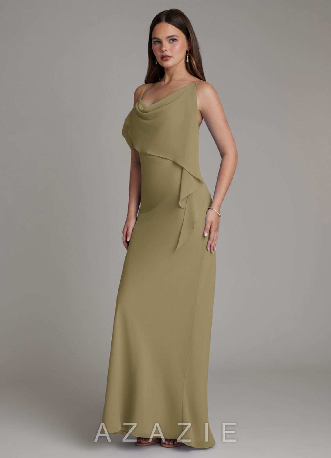 Azazie Yura Moss Green Mermaid Off the Shoulder Chiffon Dress moss_green