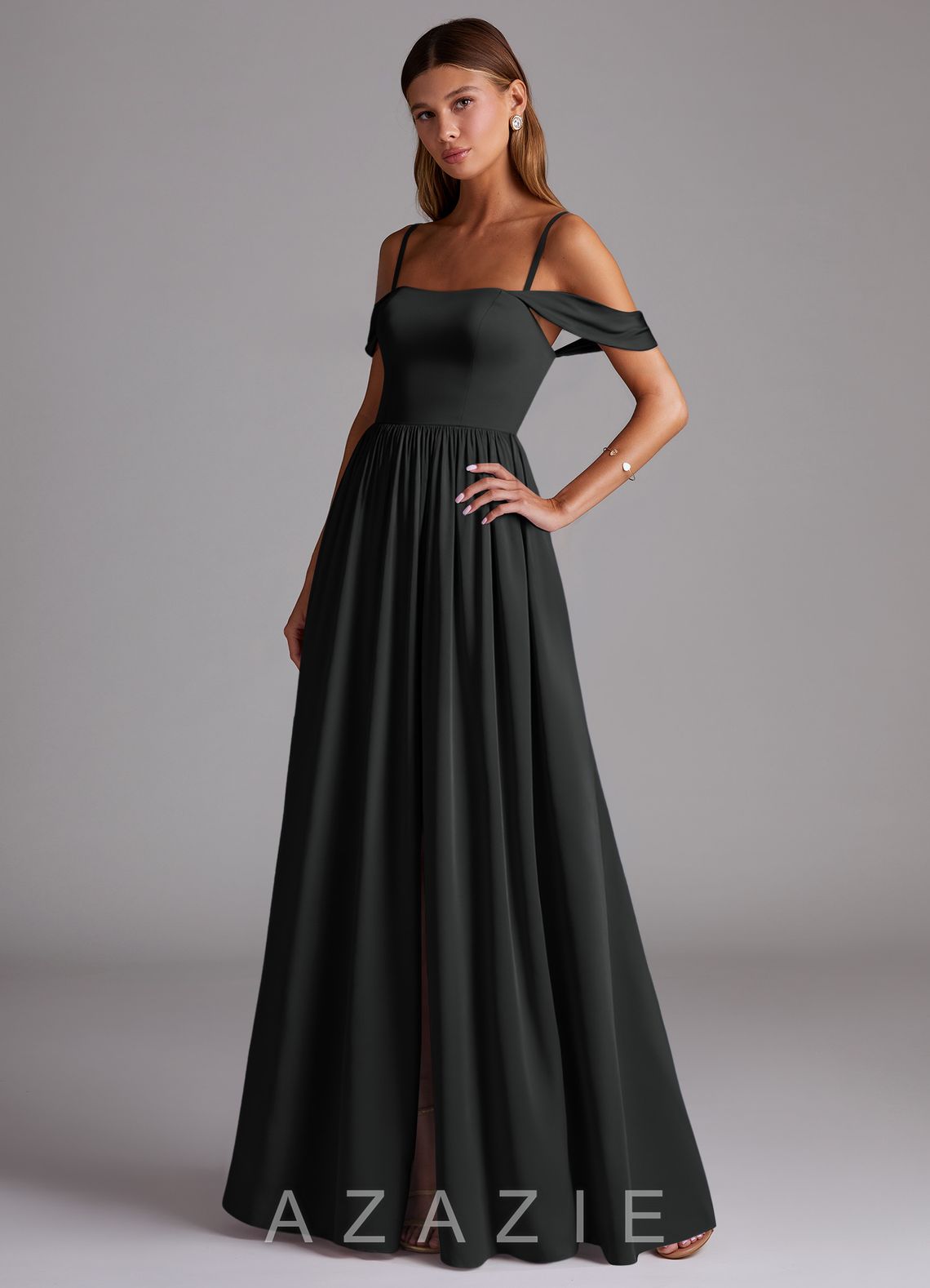 Azazie Calianna Black A-Line Off the Shoulder Stretch Satin Convertible Dress black