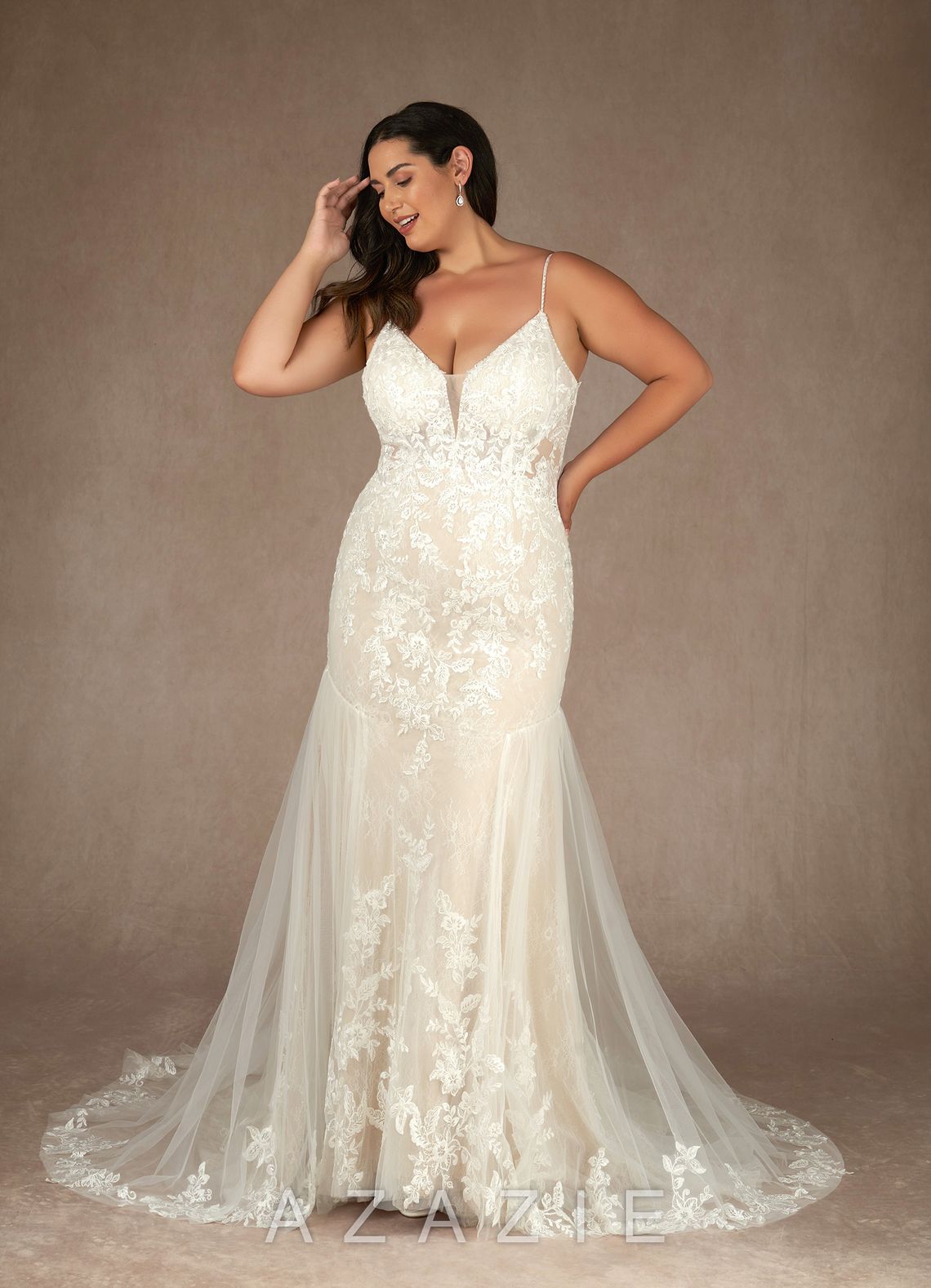 Azazie Leonie Wedding Dress Diamond White Mermaid V-Neck Sequins Tulle Dress diamond_white