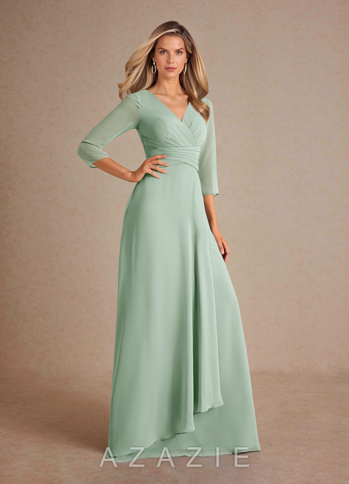 Azazie Mayfield Agave A-Line Pleated Chiffon Dress agave