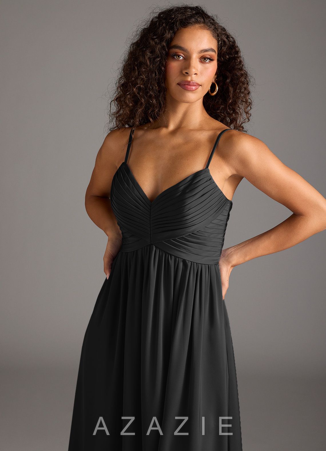 Azazie Alia Black A-Line Pleated Stretch Satin Dress black