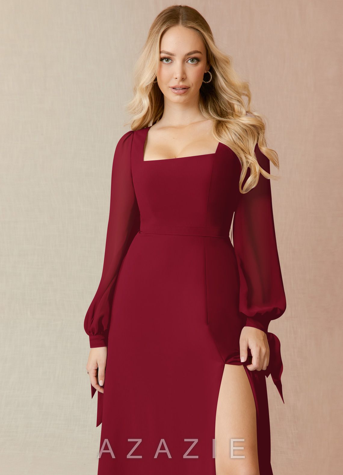 Azazie Leonia Burgundy A-Line Long Sleeve Chiffon Dress burgundy
