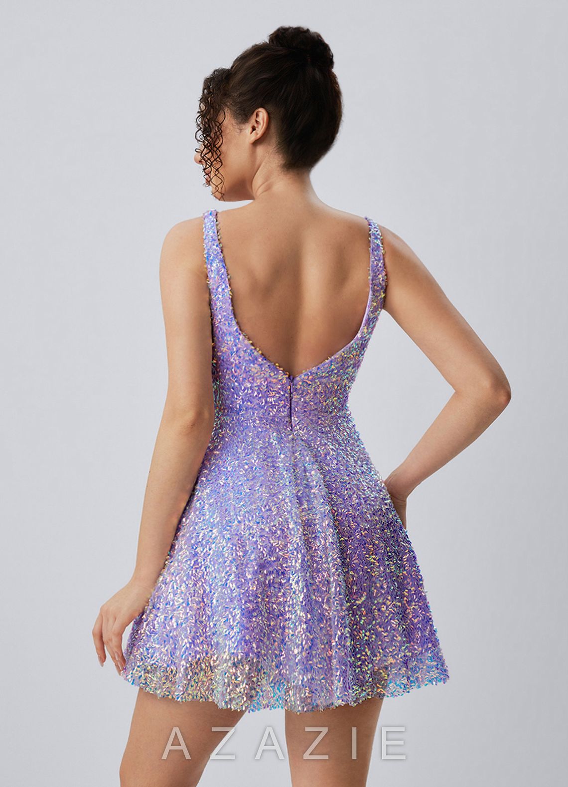 Manon Purple V-Neck Iridescent Sequin Skater Mini Dress
