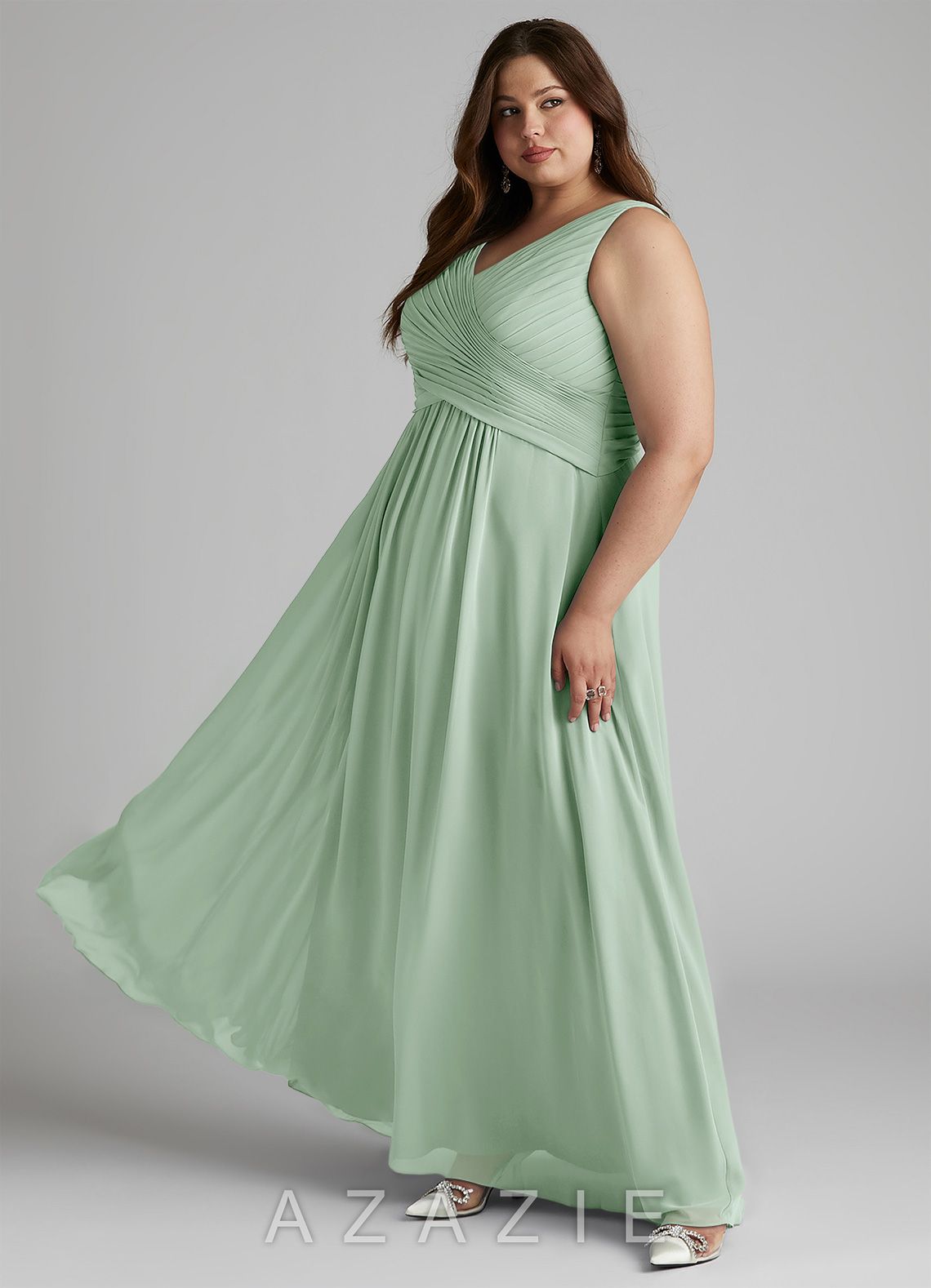 Azazie Flora Agave A-Line Pleated Chiffon Dress agave