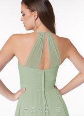 Azazie Ginger Dusty Sage A-Line Halter Pleated Chiffon Dress dusty_sage