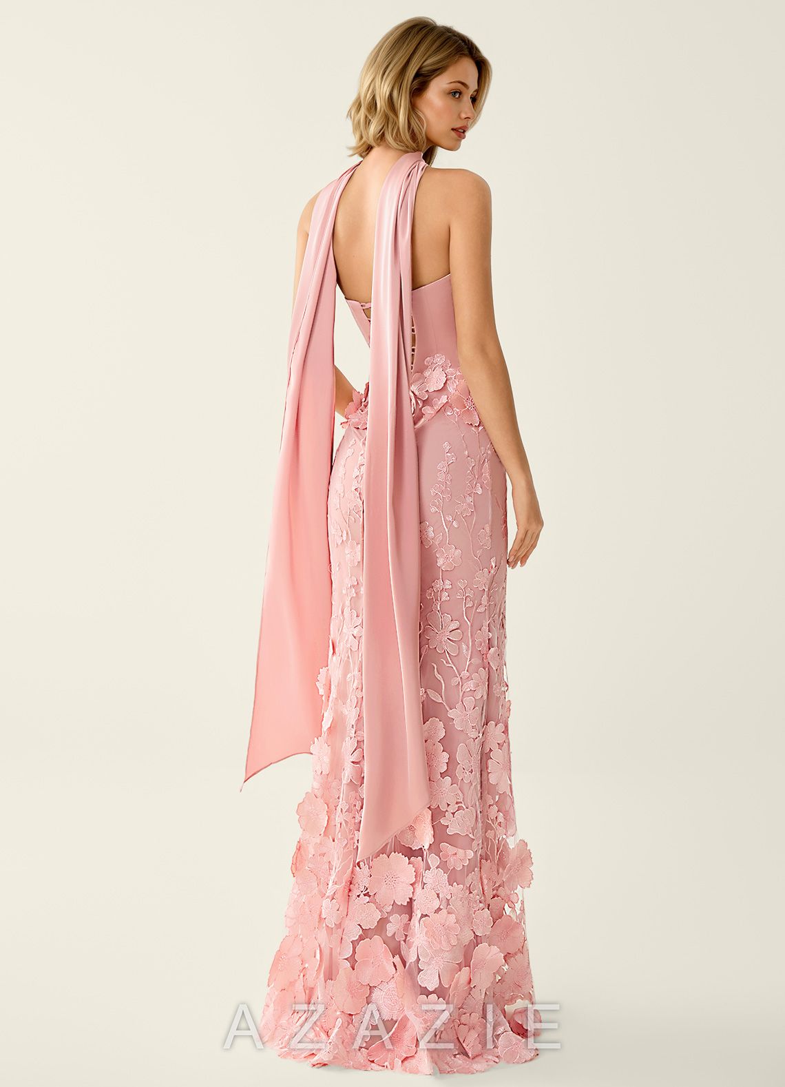 Wrensincia Pink 3D Flower Lace Satin Prom Dress  sp_pink_#pk437