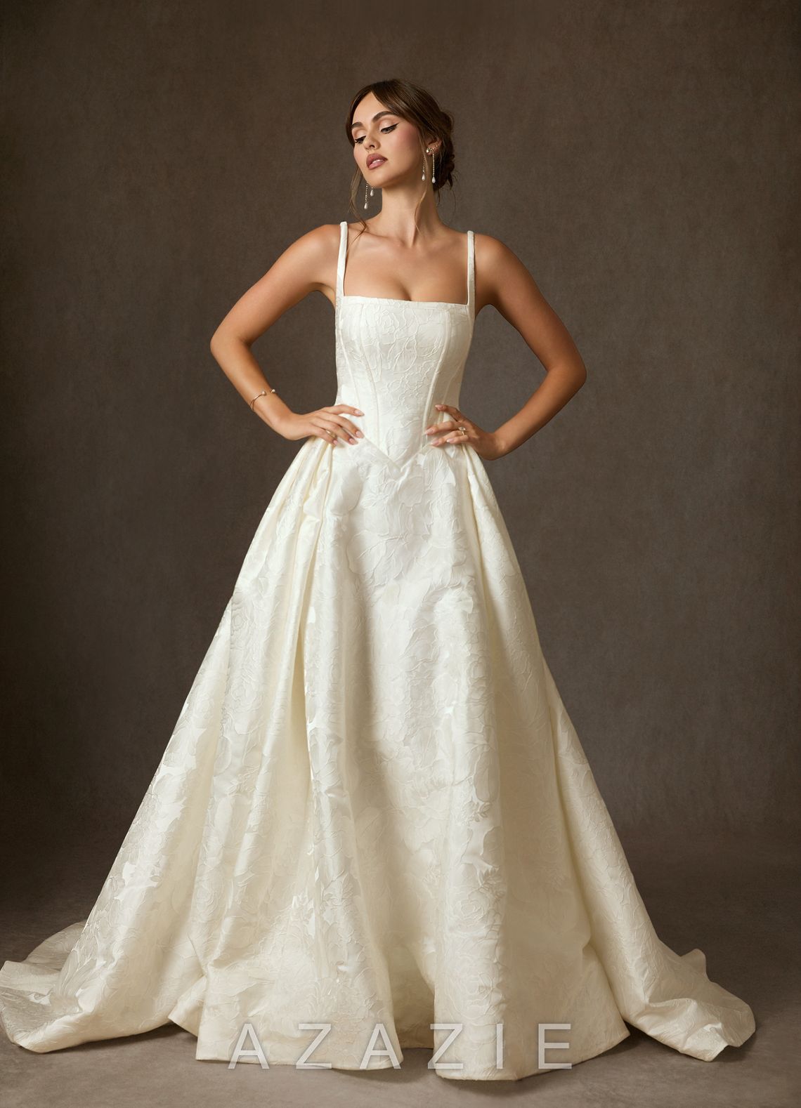 Azazie Delvina Antique White Ball-Gown with Pockets Floral Jacquard Dress