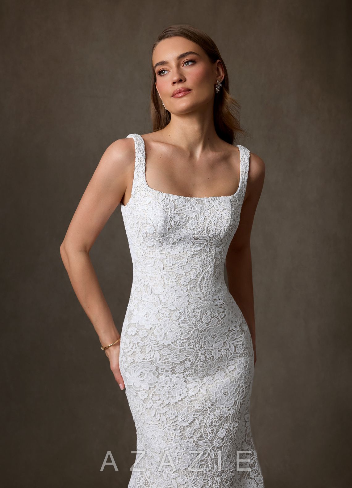 Azazie Amara Diamond White Mermaid Square Neckline Lace Dress diamond_white