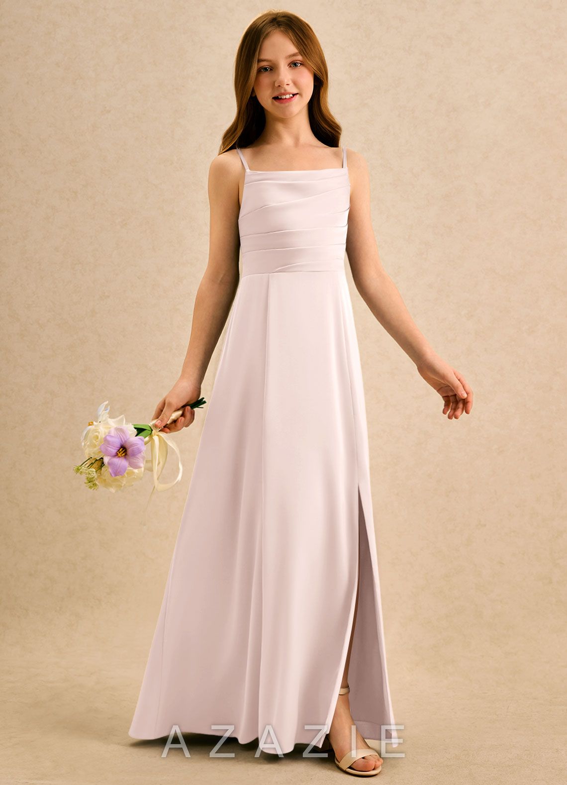 Azazie Chamomile Girls Formal Blushing Pink A-Line Pleated Stretch Satin Dress blushing_pink